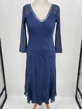 Komarov Blue Crinkle Pleated Midi Dress Sequin Neck Sheer Sleeves Size M